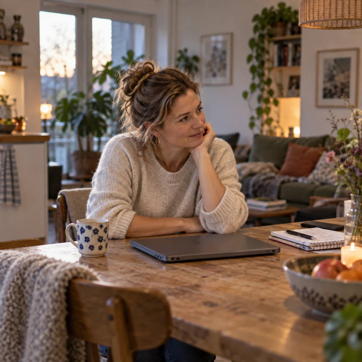 Docent zit 's avonds ontspannen aan de keukentafel; de laptop blijft dicht